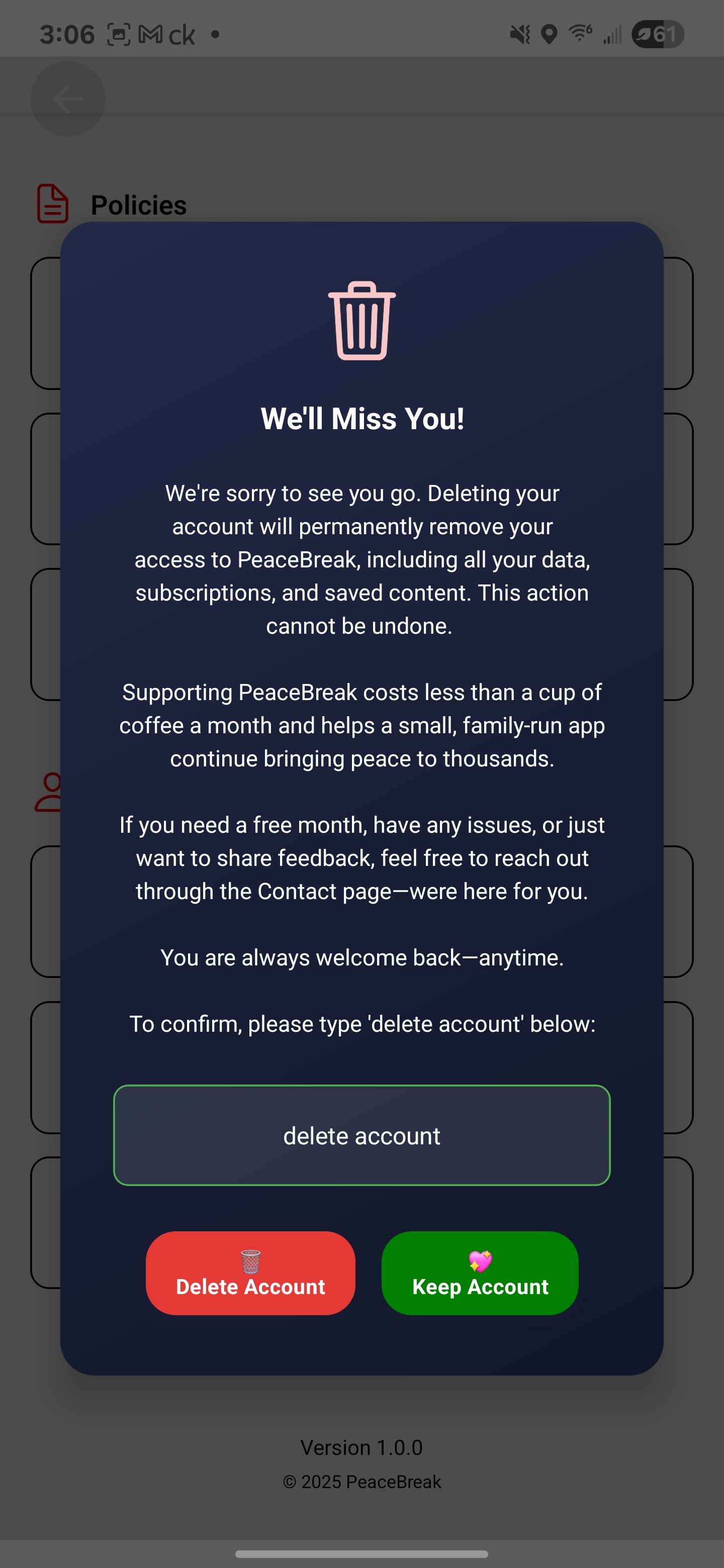 Step 4: Type delete account to confirm